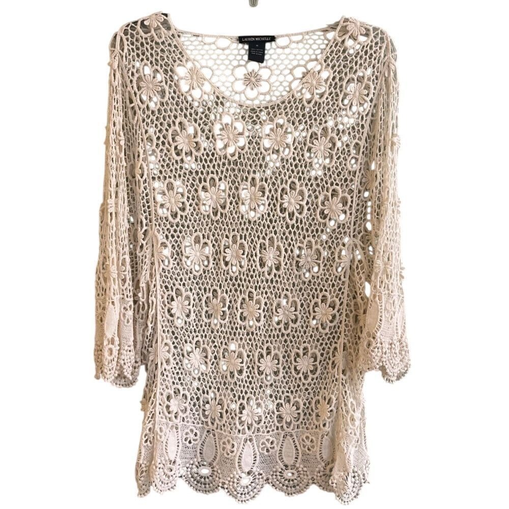 Lauren Michelle Pull Over Floral Unlined Open Weave Lace Top Swim Cover Medium